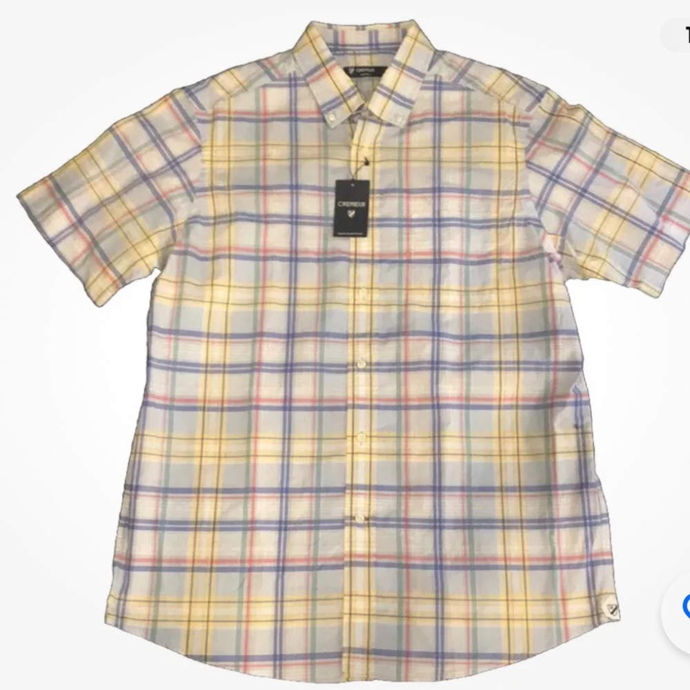 NWT Cremieux Men’s Yellow Multicolored Plaid Short Sleeve Button Down Size L